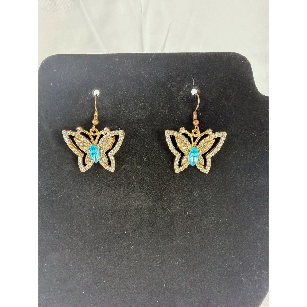 Unbranded Butterfly Drop Earrings OS Gold Blue Rhinestone Marquise Fairycore